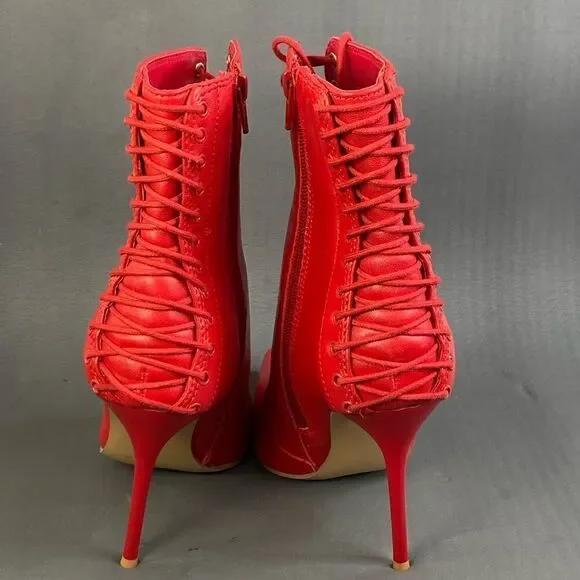 Steve Madden Red Allnight Leather Laced Stiletto Heel Booties womens size 6 new - Picture 4 of 10